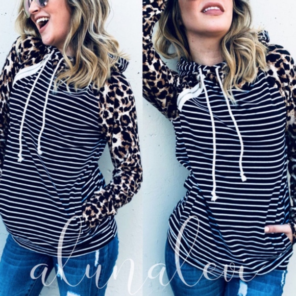 SHANTELL Stripes Leopard print Long Sleeve Hoodie - Picture 2 of 2